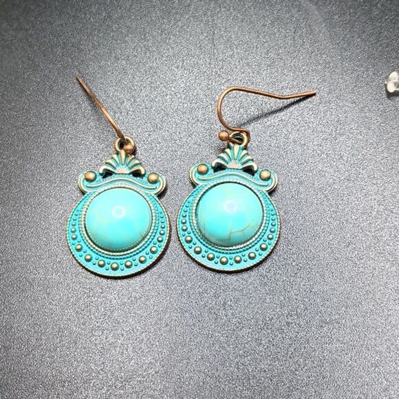 BRONZE turquoise minimalist earrings boho ethnic design - Picture 1 of 4